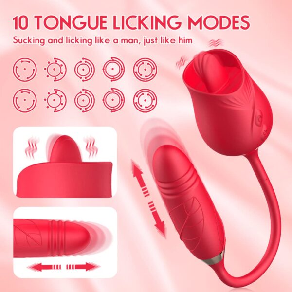 3 in 1 Clitoral Stimulator Tongue Licking Thrusting G Spot Dildo Vibrator with 10 Modes