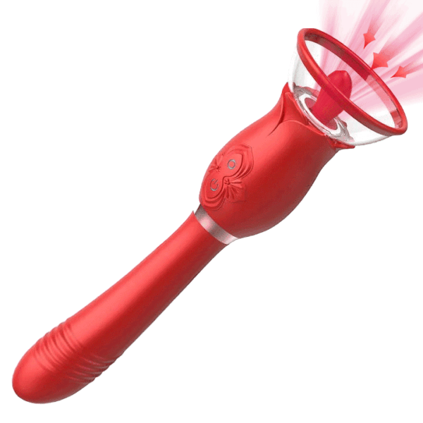 3 In 1 Rose Toy with Licking Tongue Sucker, Body Pump Telescopic Wand