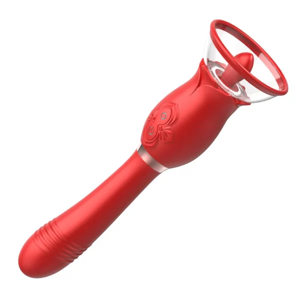 3 In 1 Rose Toy with Licking Tongue Sucker, Body Pump Telescopic Wand